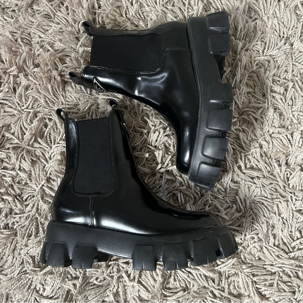 Prada-Style Monolith Brushed Vegan Leather Booties, Sz 7